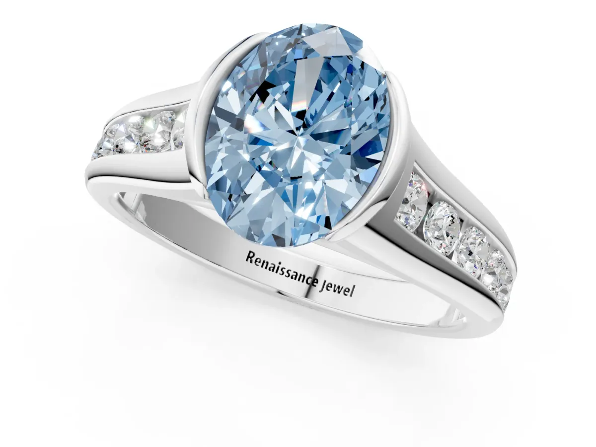 Fancy Blue Oval Cut Solitaire Bezel-Set Diamond Ring with Channel-Set Band Platinum