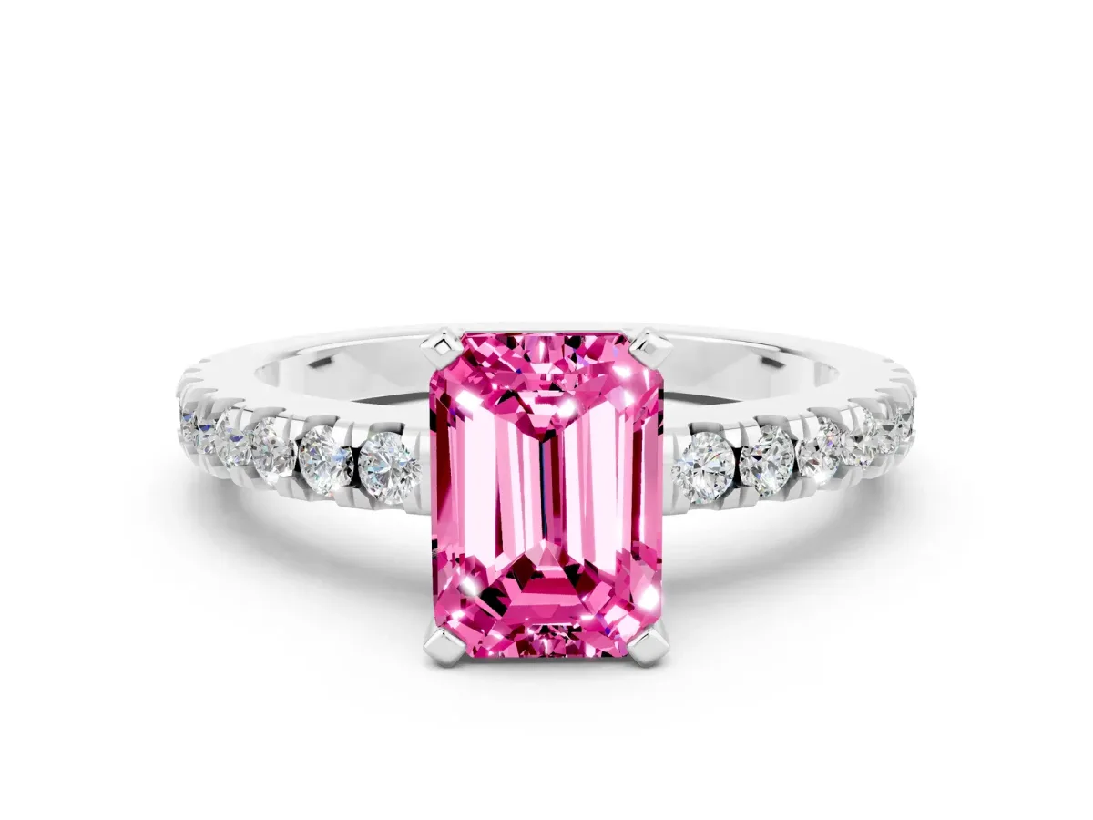 Emerald Cut Solitaire Pink Sapphire with Pavé Band and Four-Prong Setting Silver