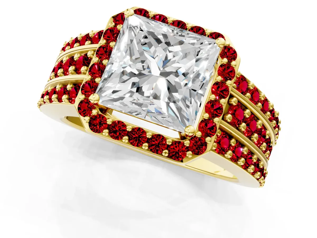 Princess Cut Halo Diamond Ring with Round Ruby Split Shank and Prong Setting Yellow gold