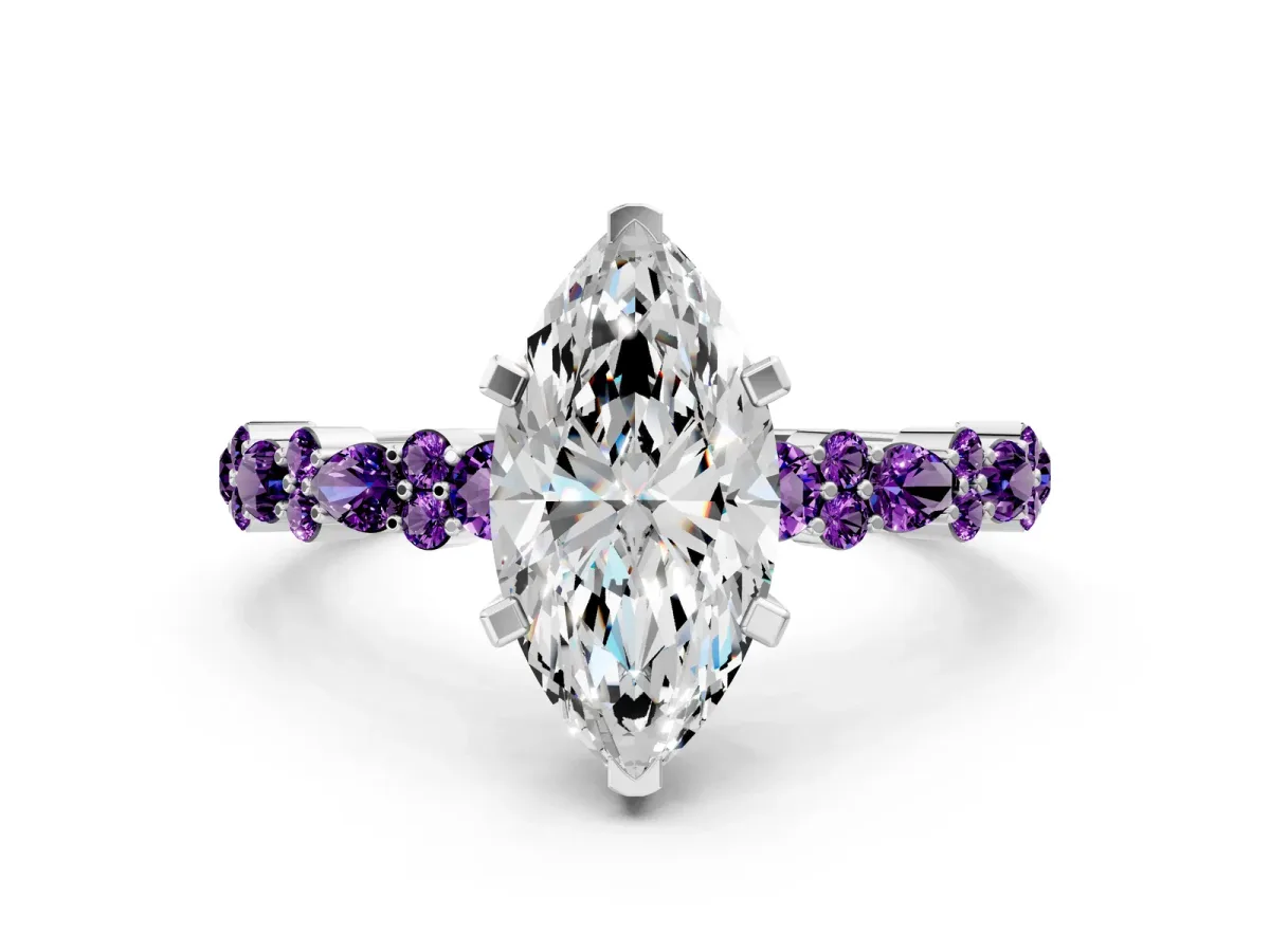 Marquise Cut Diamond Side Stone Solitaire Ring with Round Amethyst and Four-Prong Setting Platinum