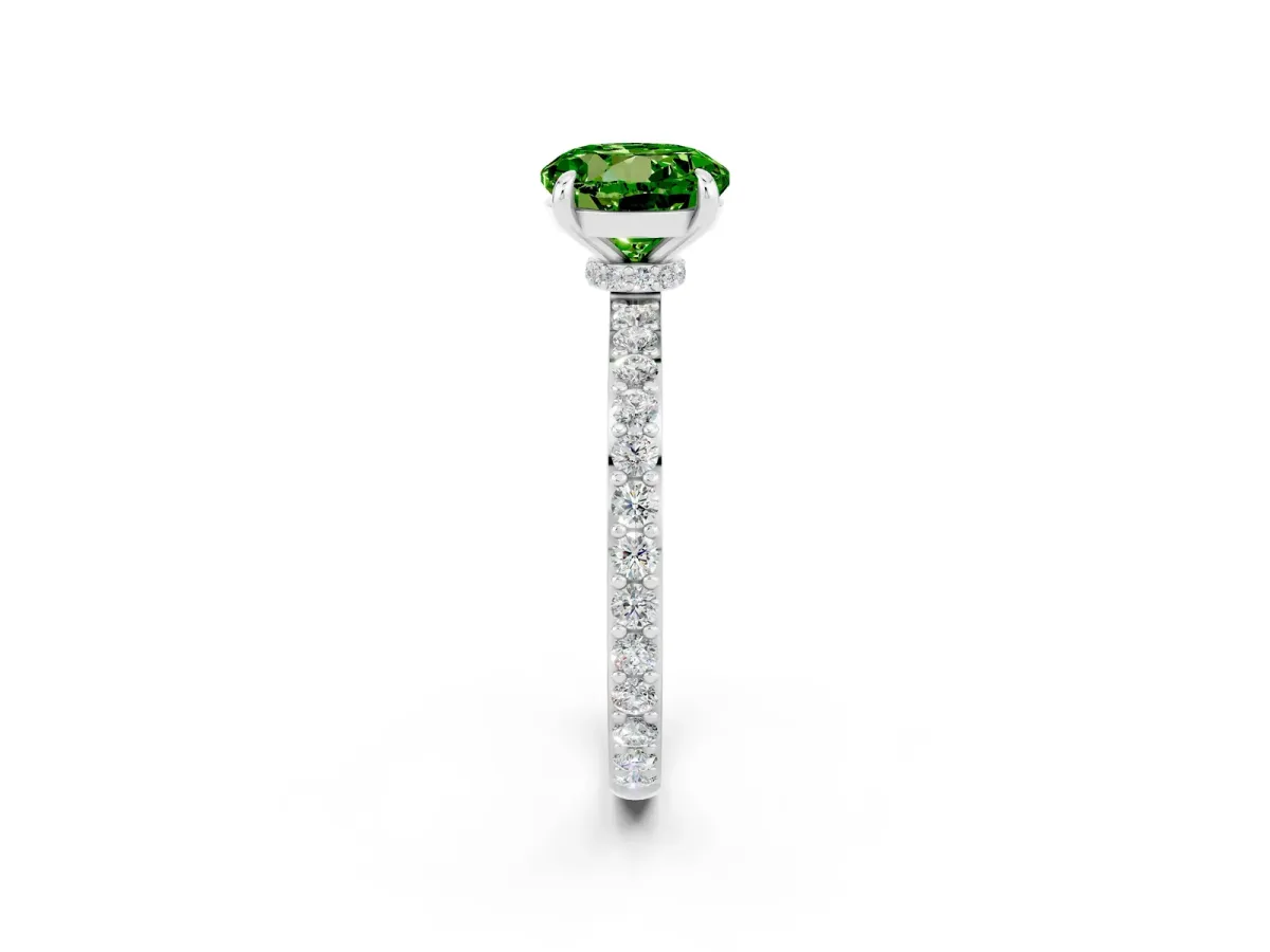 Round Cut Peridot Solitaire Engagement Ring with Pavé Band and Four-Prong Setting Silver