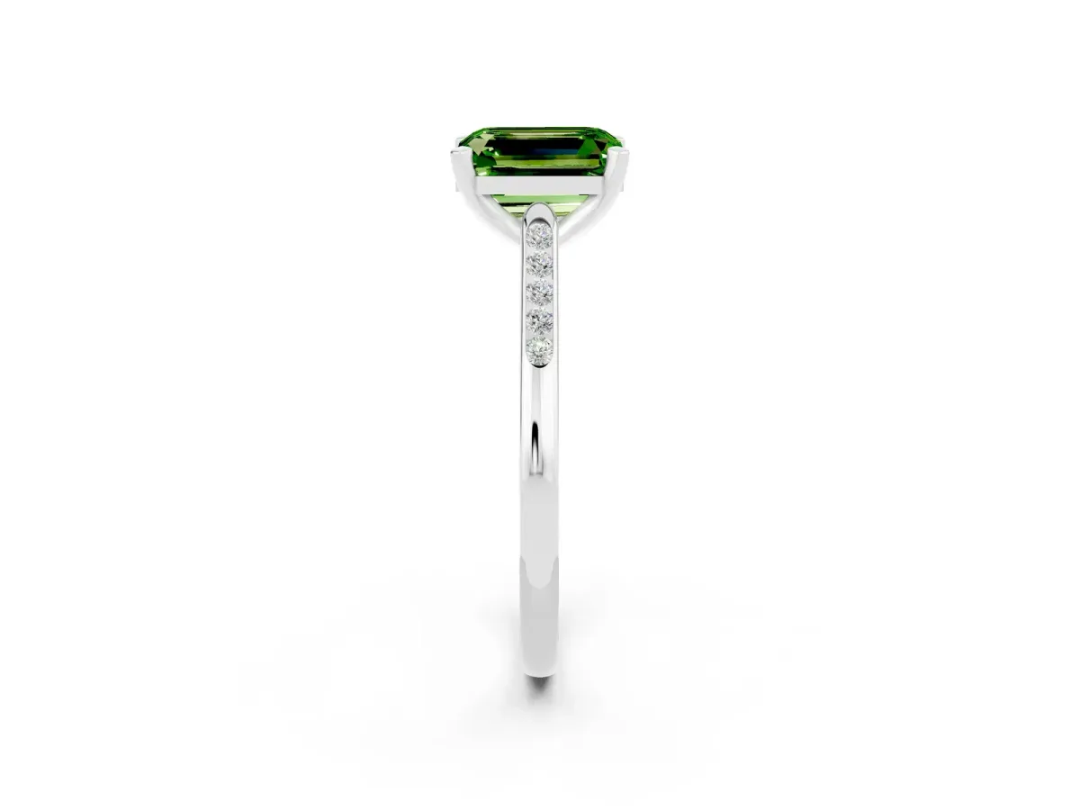 Emerald Cut Peridot Solitaire Ring with Channel Set Round Band and Prong Setting Silver