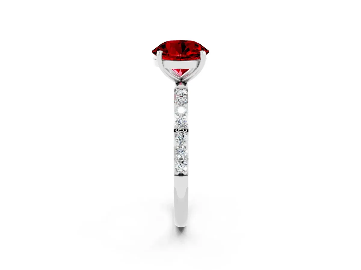 Round Cut Ruby Solitaire Ring with Round Pavé Band and Prong Setting Silver