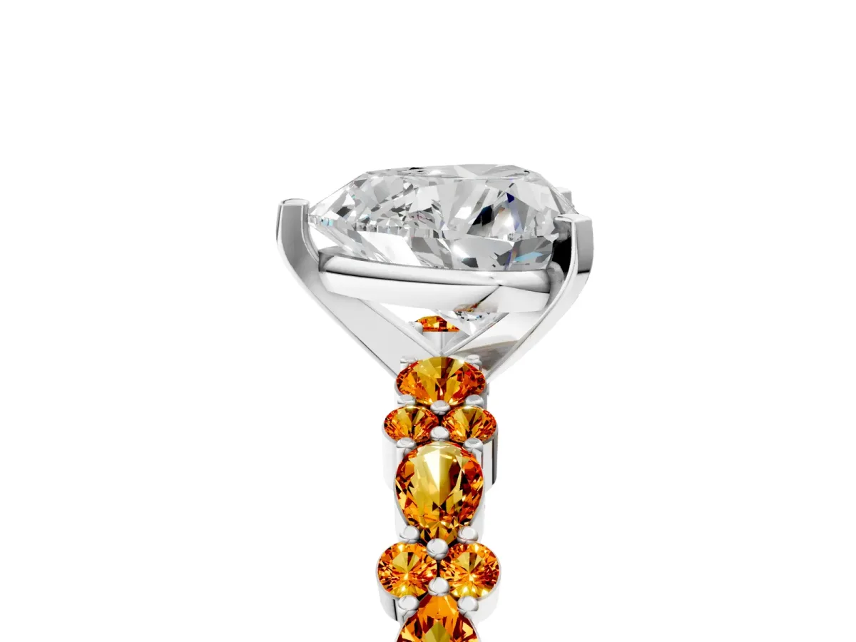 Heart Cut Diamond Side Stone Solitaire Ring with Round Citrine and Four-Prong Setting Platinum