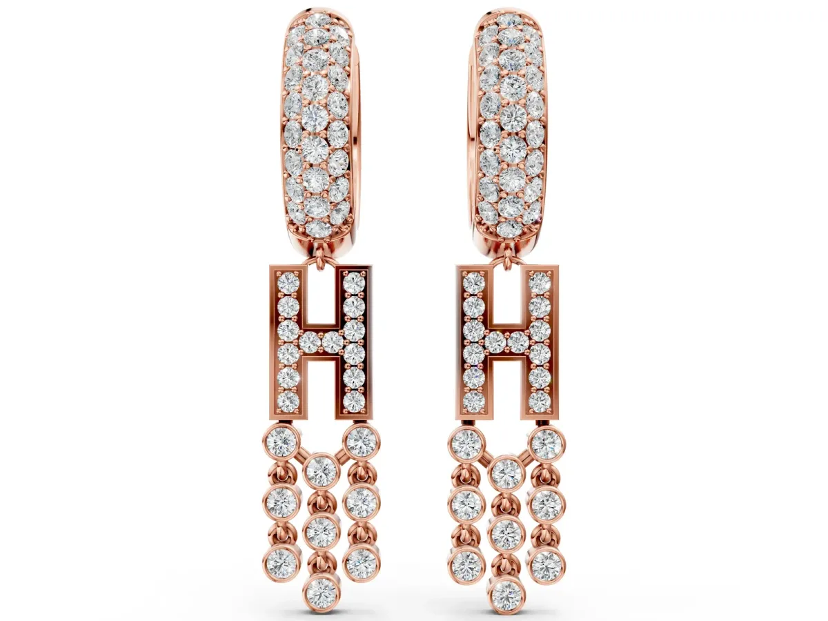 Round Diamond Initial H Huggie Hoop Earrings Rose gold