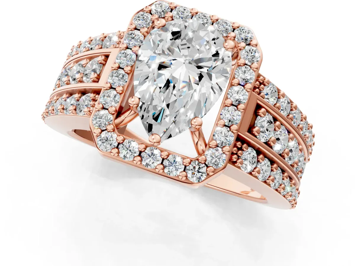 Pear Cut Halo Diamond Ring with Round Split Shank and Prong Setting Rose gold