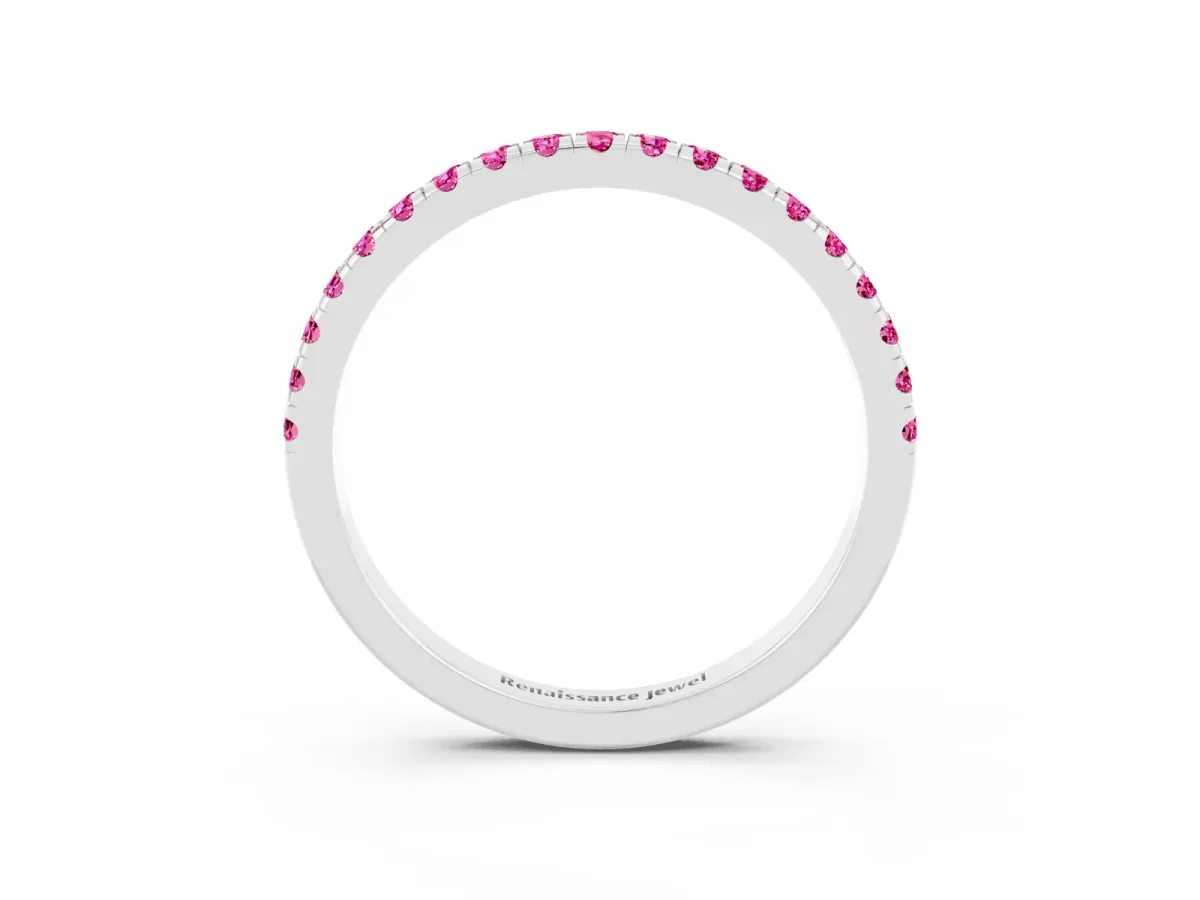 Pavé Round Pink Sapphire Half Eternity Band with Shared Prong Setting Silver