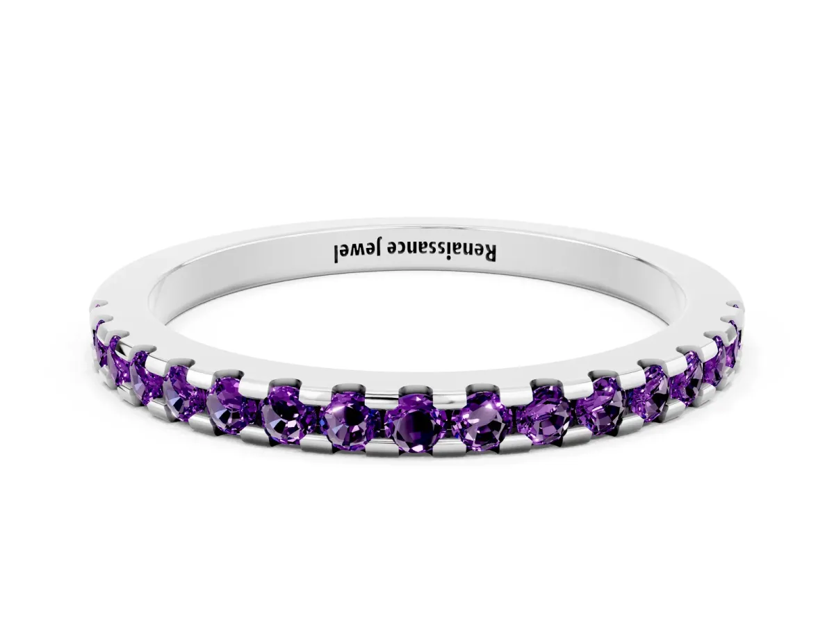 Round Amethyst Pavé Set Eternity Band with Micro Prong Setting Silver