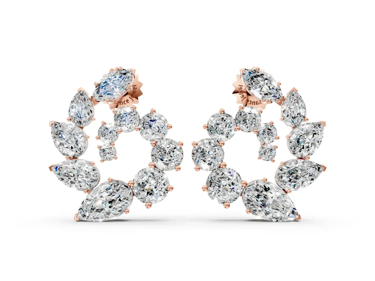 Marquise, Pear and Round Diamond Graduated Cluster Stud Earrings Rose gold
