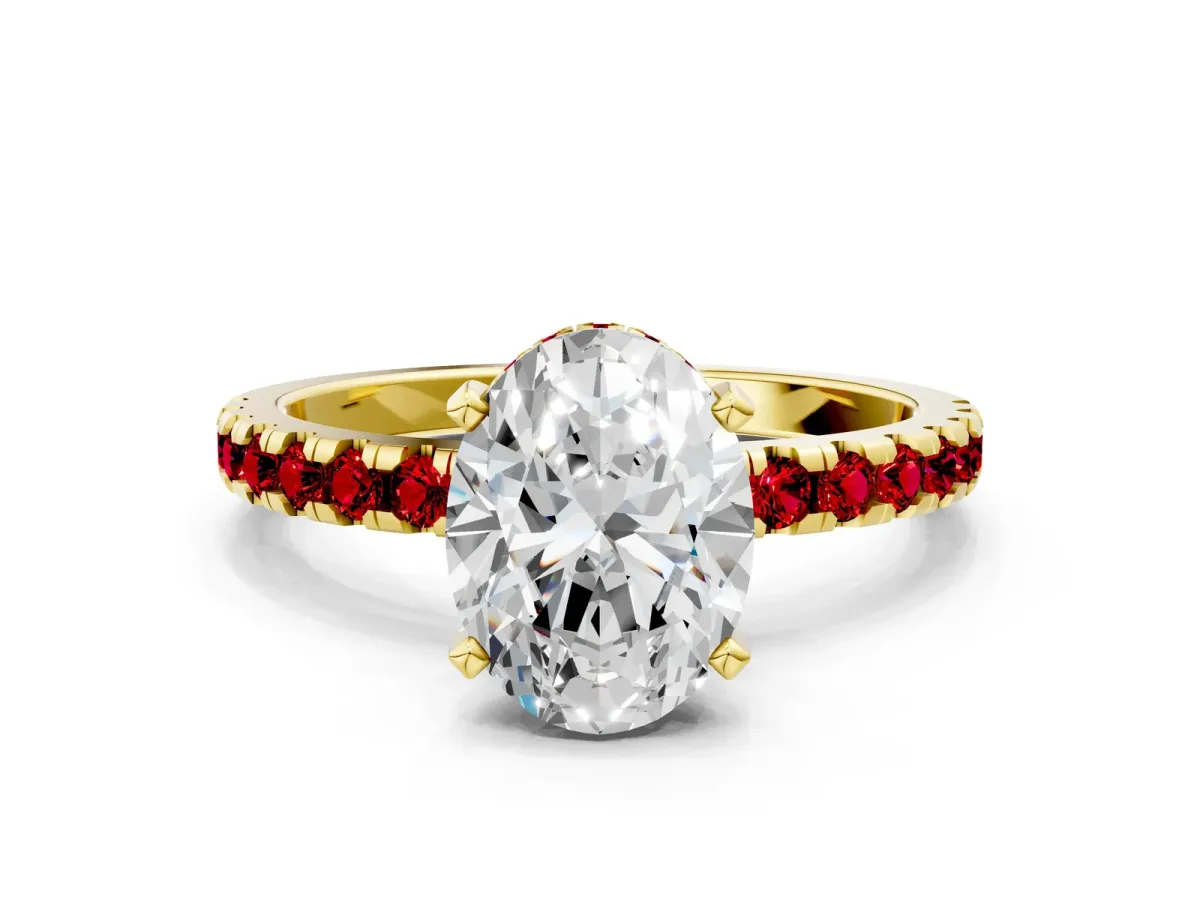 Oval Cut Diamond Solitaire Ring with Round Ruby Pavé Band and Four-Prong Setting Yellow gold