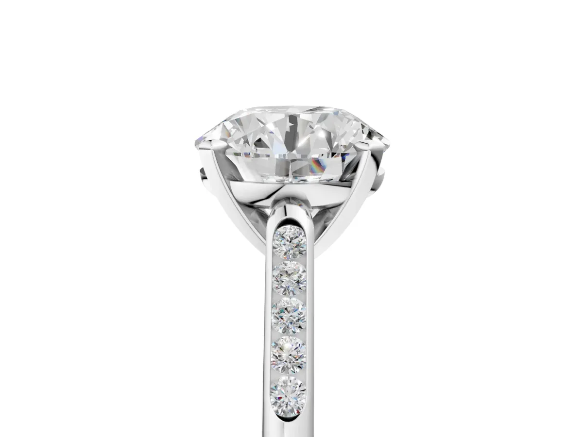 Round Cut Diamond Solitaire Ring with Channel Set Round Band and Prong Setting Silver