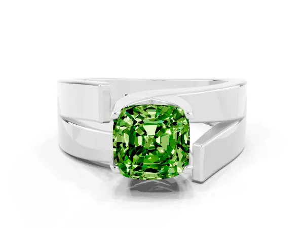 Modern Tension Set Cushion Cut Peridot Solitaire Wide Band Ring Platinum