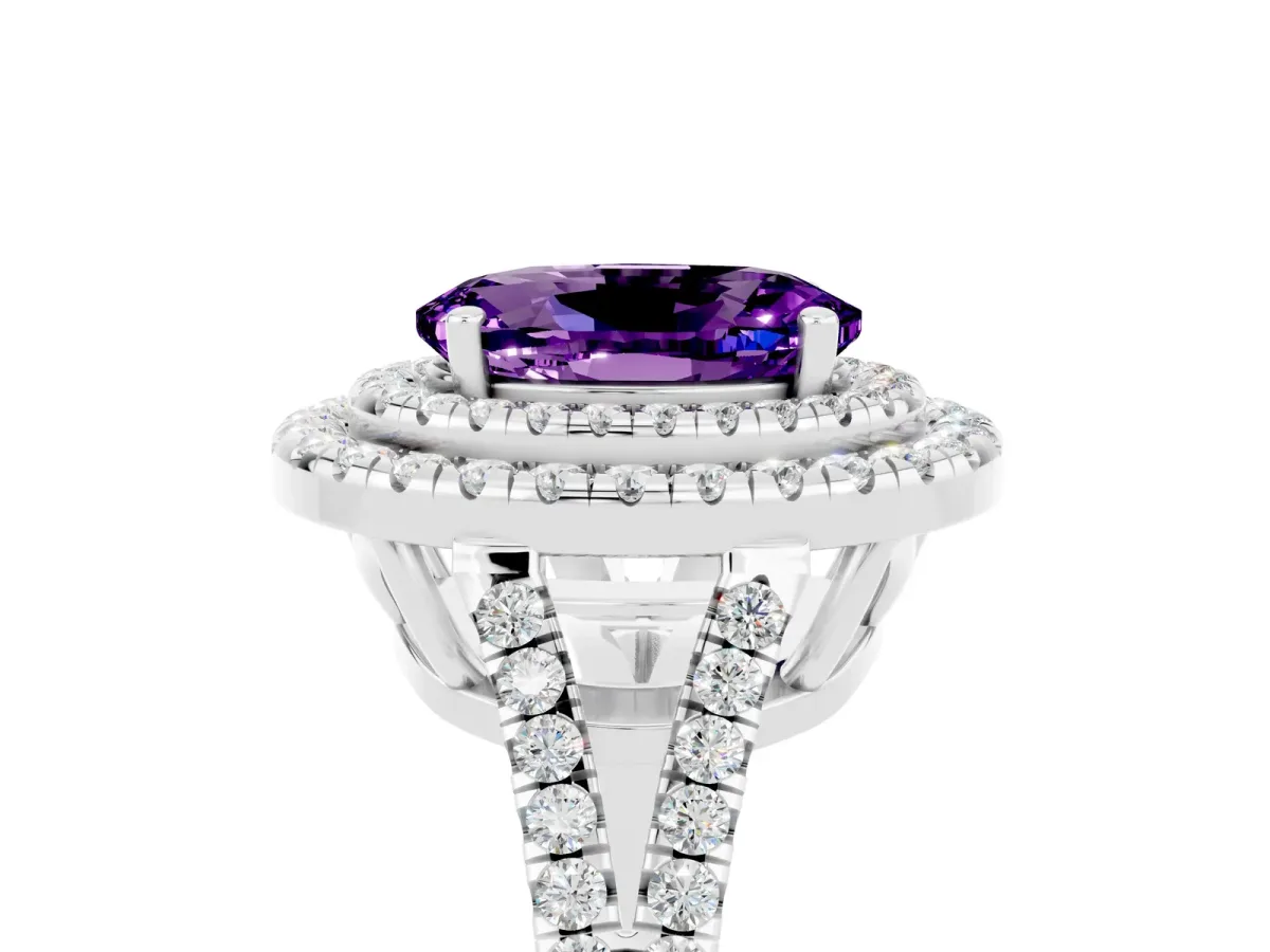Oval Cut Amethyst Double Halo Ring with Pavé Band and Prong Setting Silver