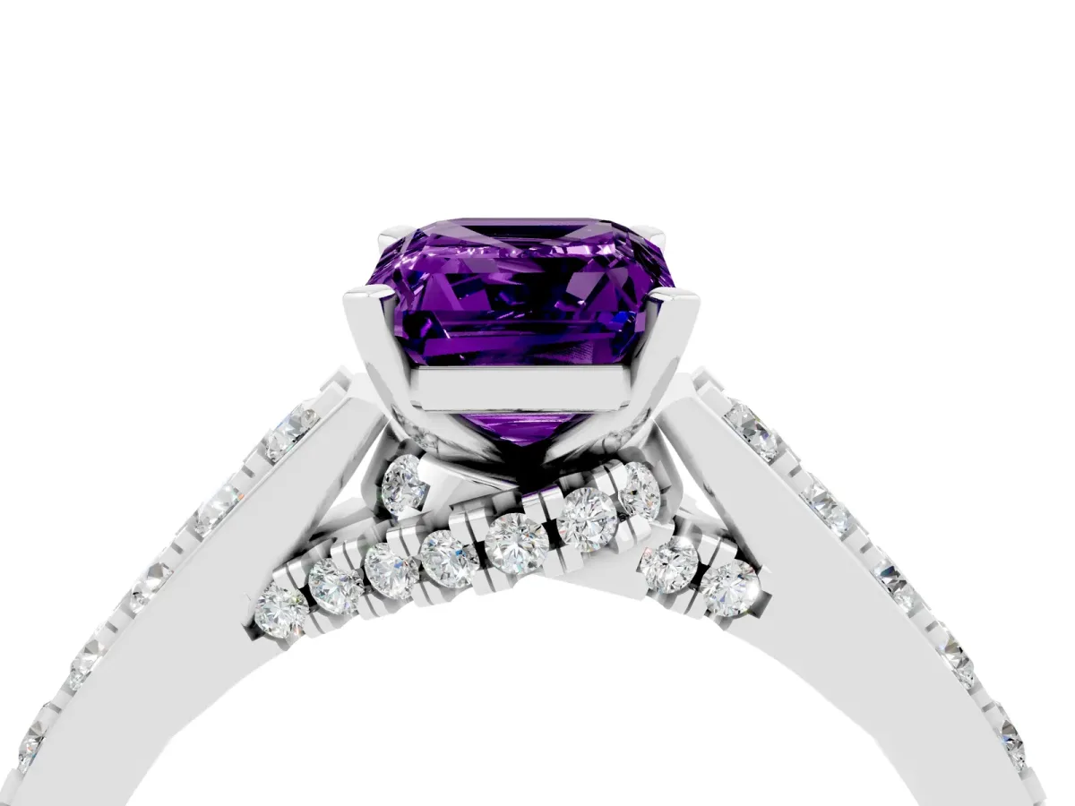 Emerald Cut Amethyst Solitaire Ring with Crossover Gallery and Round Pavé Band Platinum