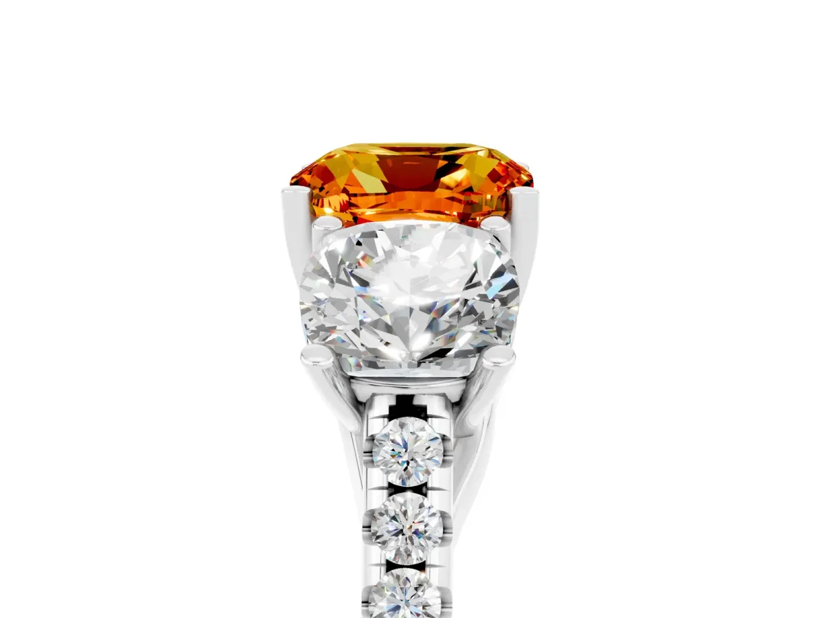 Three-Stone Cushion Cut Citrine Ring with Round Pavé Band and Prong Setting Platinum