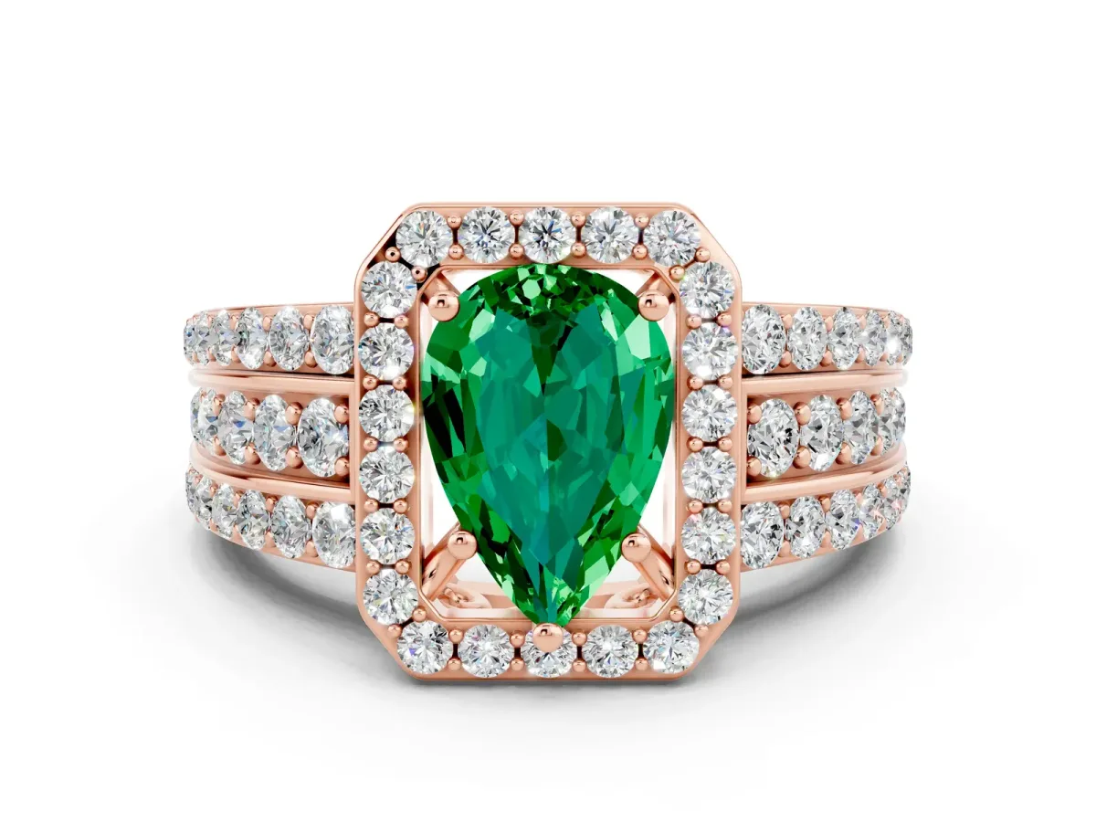 Pear Cut Halo Emerald Ring with Round Split Shank and Prong Setting Rose gold