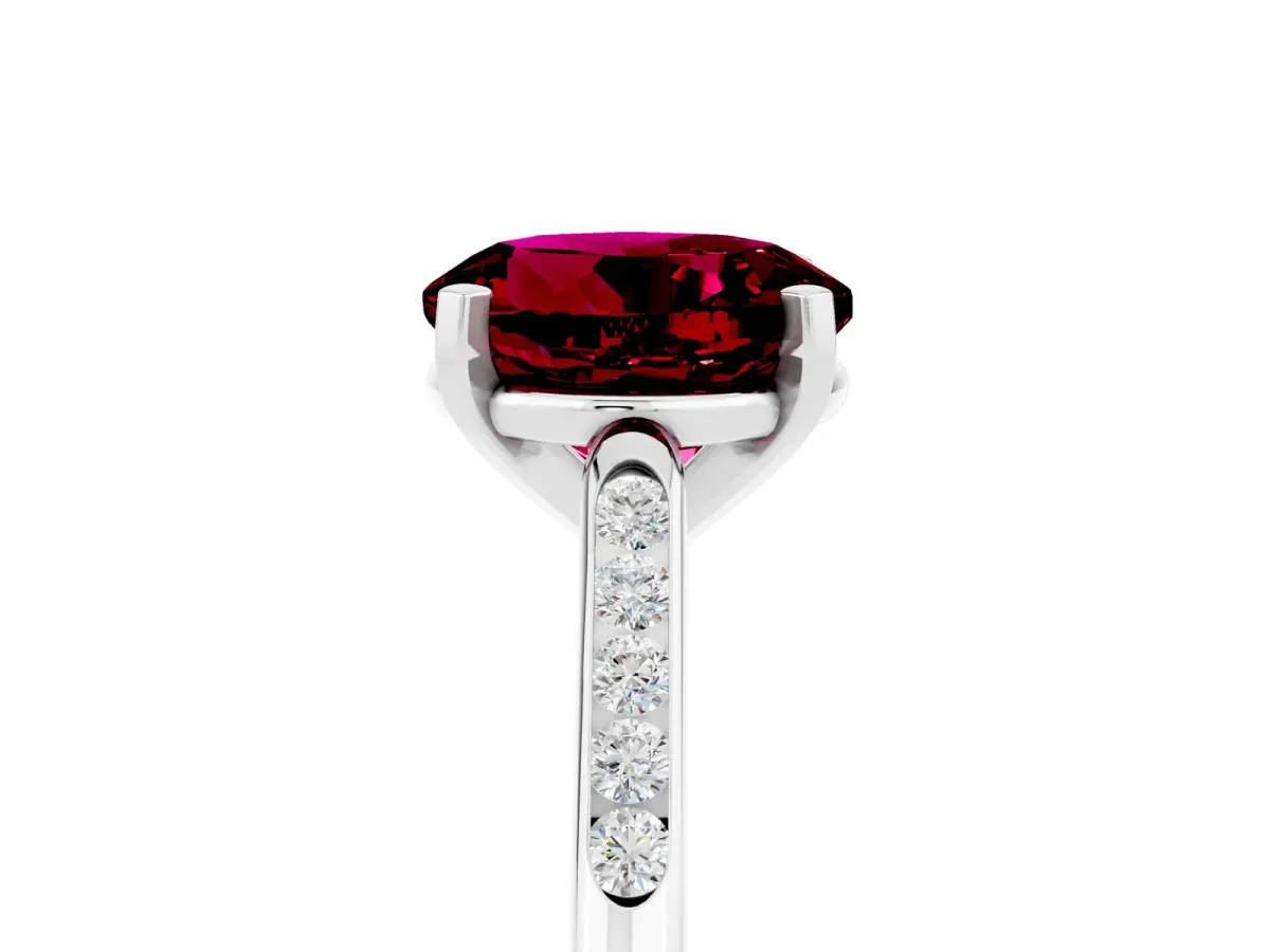 Round Cut Garnet Solitaire Ring with Channel Set Round Band and Prong Setting Platinum
