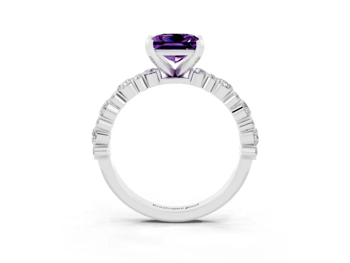 Princess Cut Amethyst Side Stone Solitaire Ring with Round and Four-Prong Setting Silver