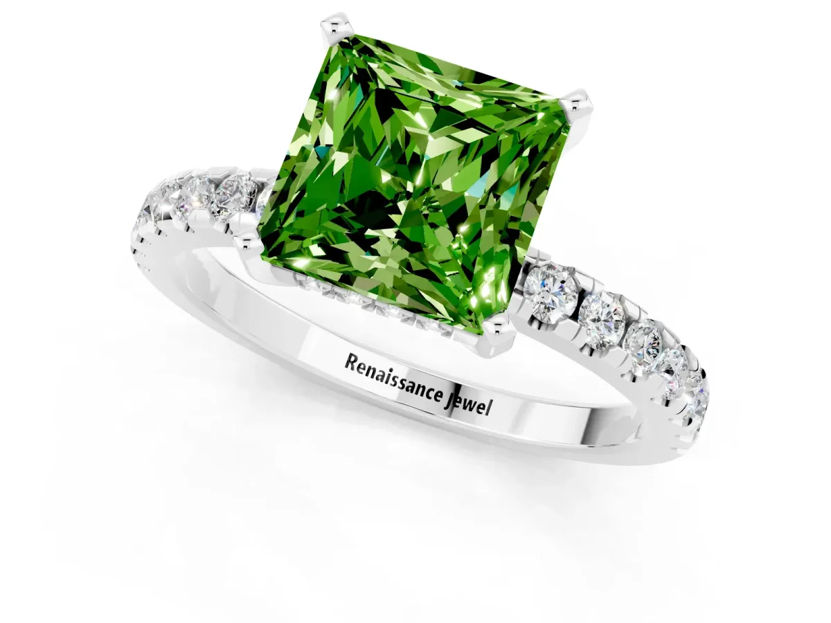 Princess Cut Peridot Solitaire Ring with Round Pavé Band and Four-Prong Setting Silver