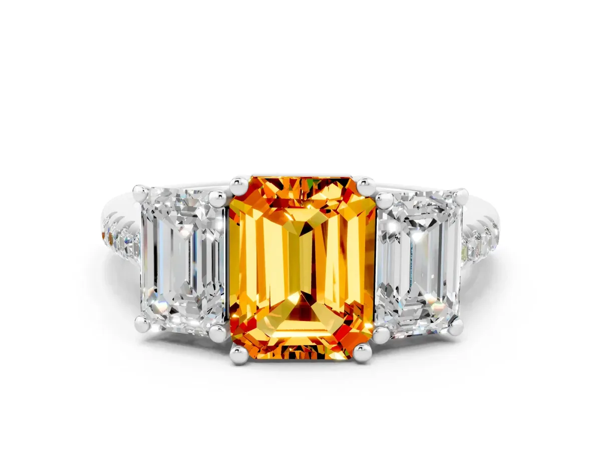 Three-Stone Emerald Cut Citrine Ring with Round Pavé Band and Prong Setting White gold