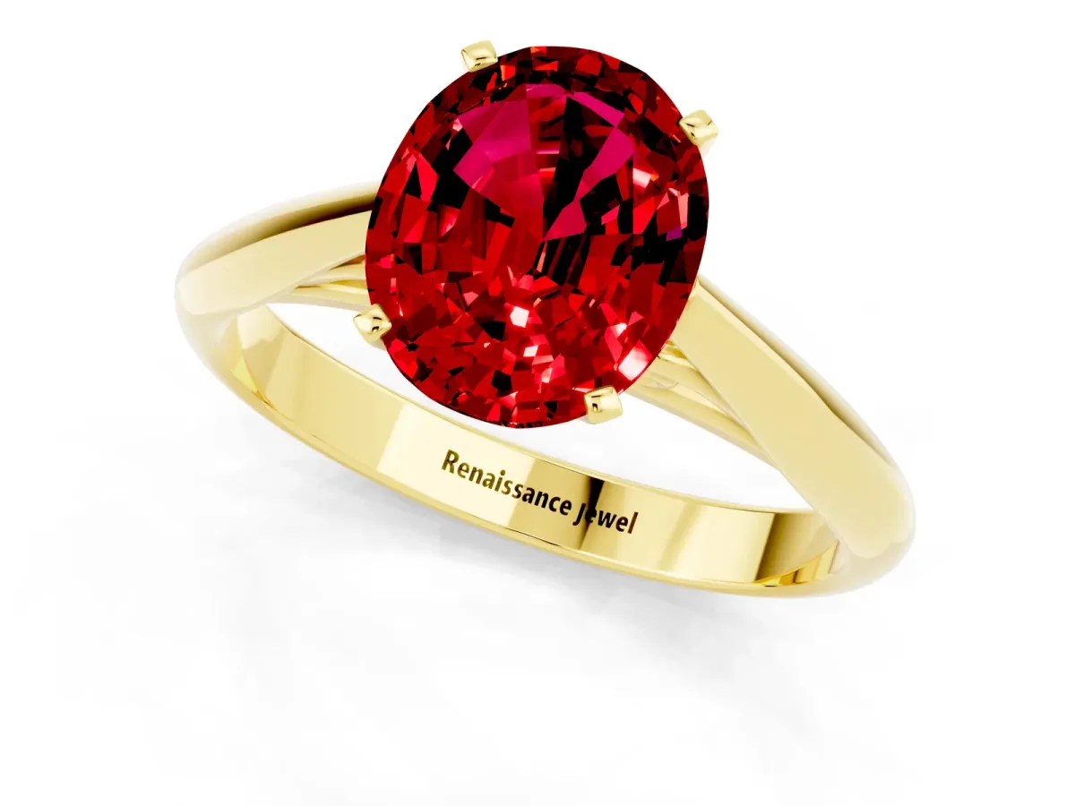 Oval Cut Ruby Solitaire Engagement Ring with Cathedral Setting and Four-Prong Mount Yellow gold