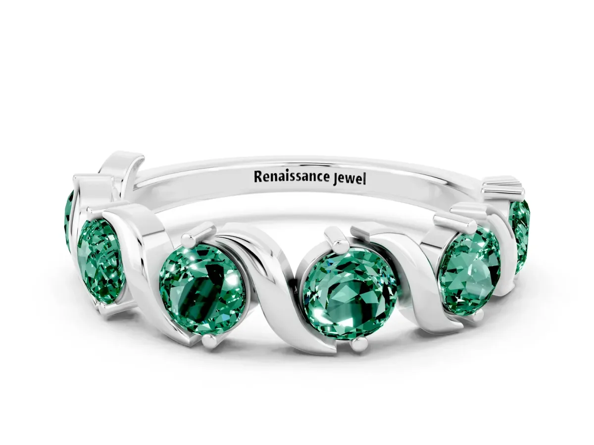 Round Green Sapphire Half Eternity Band with Wave Prong Setting White gold
