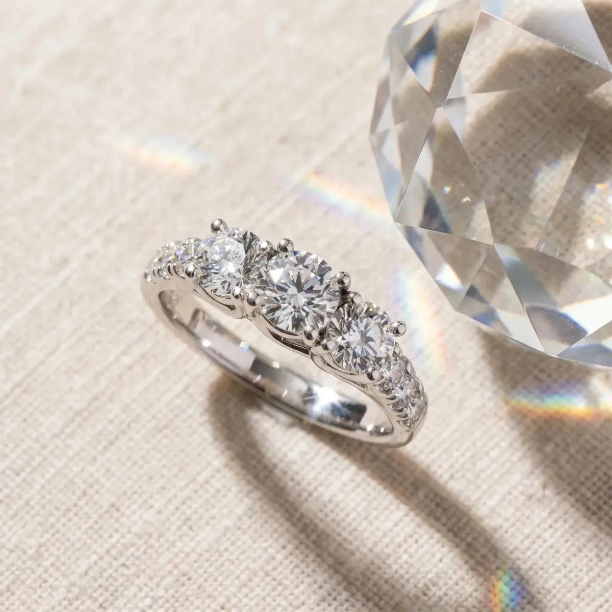 Three-Stone Princess Cut Diamond Pavé Band with Prong Setting Platinum