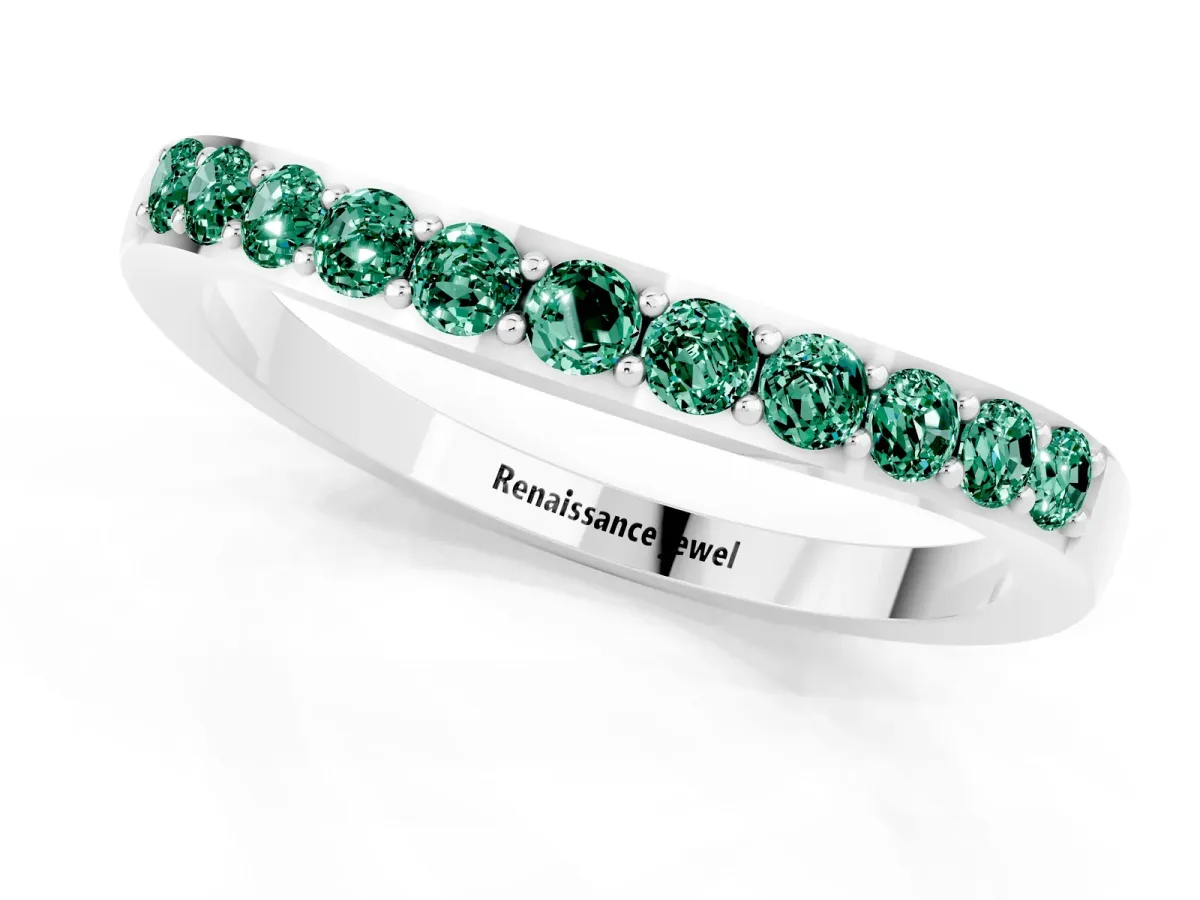 Round Green Sapphire Curved Wedding Band with Channel Setting Platinum