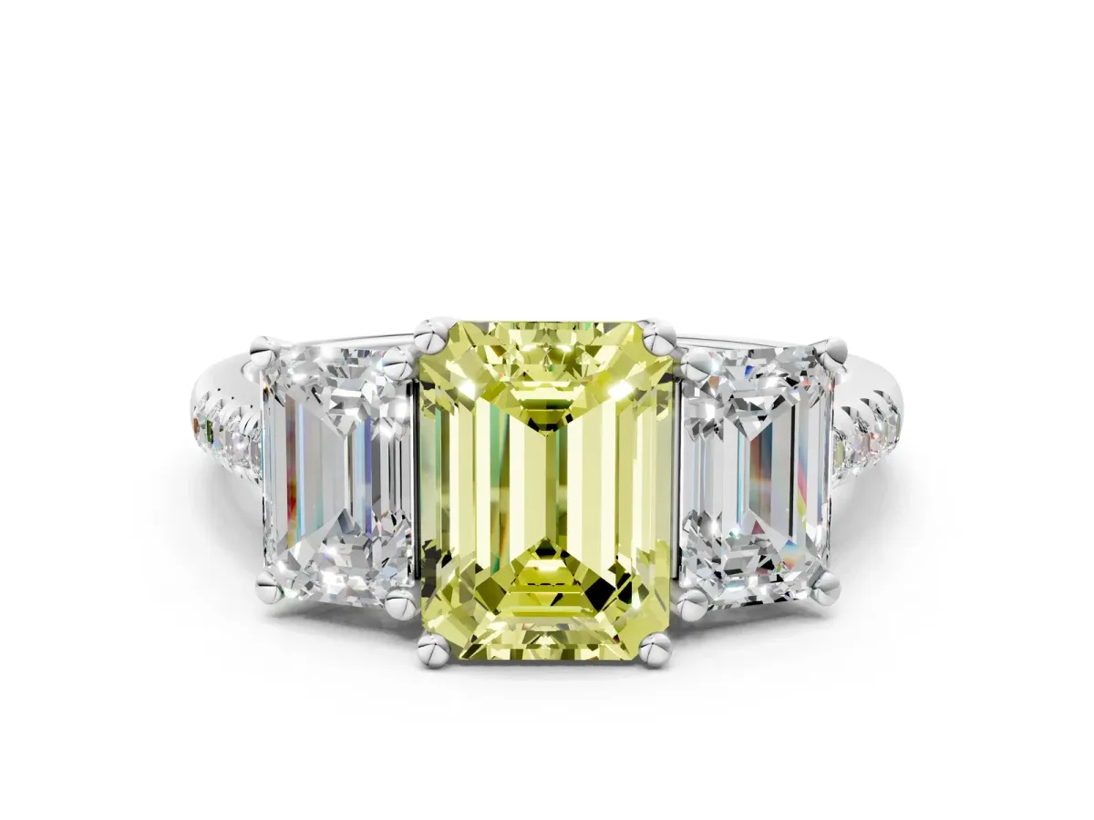 Fancy Yellow Three-Stone Emerald Cut Diamond Ring with Round Pavé Band and Prong Setting Silver