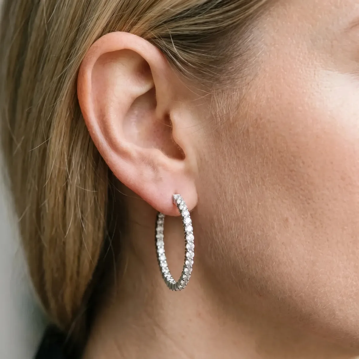 Round Diamond Eternity Hoop Earrings with Pavé Setting and Shared Prong White gold