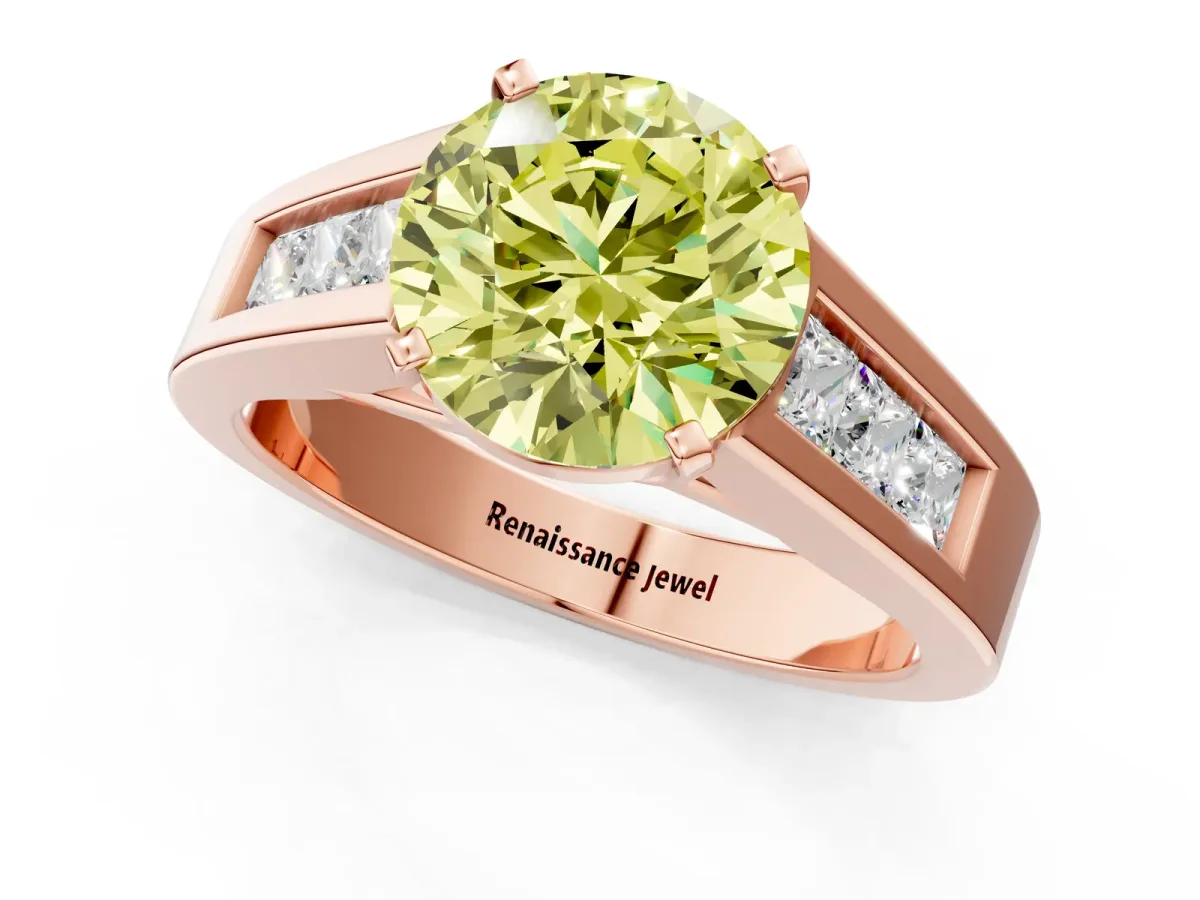 Fancy Yellow Round Cut Cut Channel Set Solitaire Ring with Four-Prong Setting Rose gold