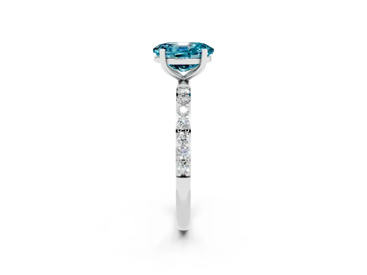 Oval Cut Blue Topaz Solitaire Ring with Round Pavé Band and Prong Setting Silver
