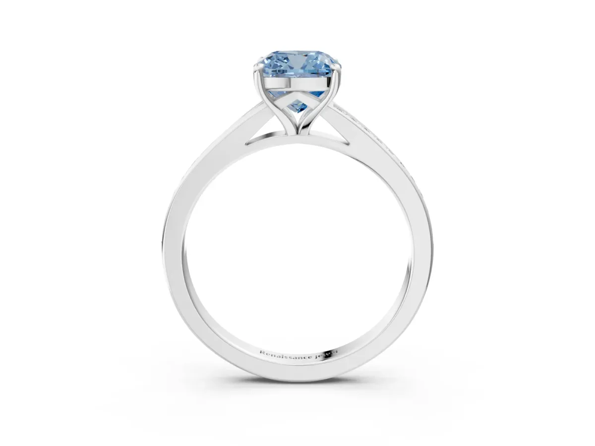 Fancy Blue Cushion Cut Diamond Solitaire Ring with Pavé Band and Prong Setting Silver