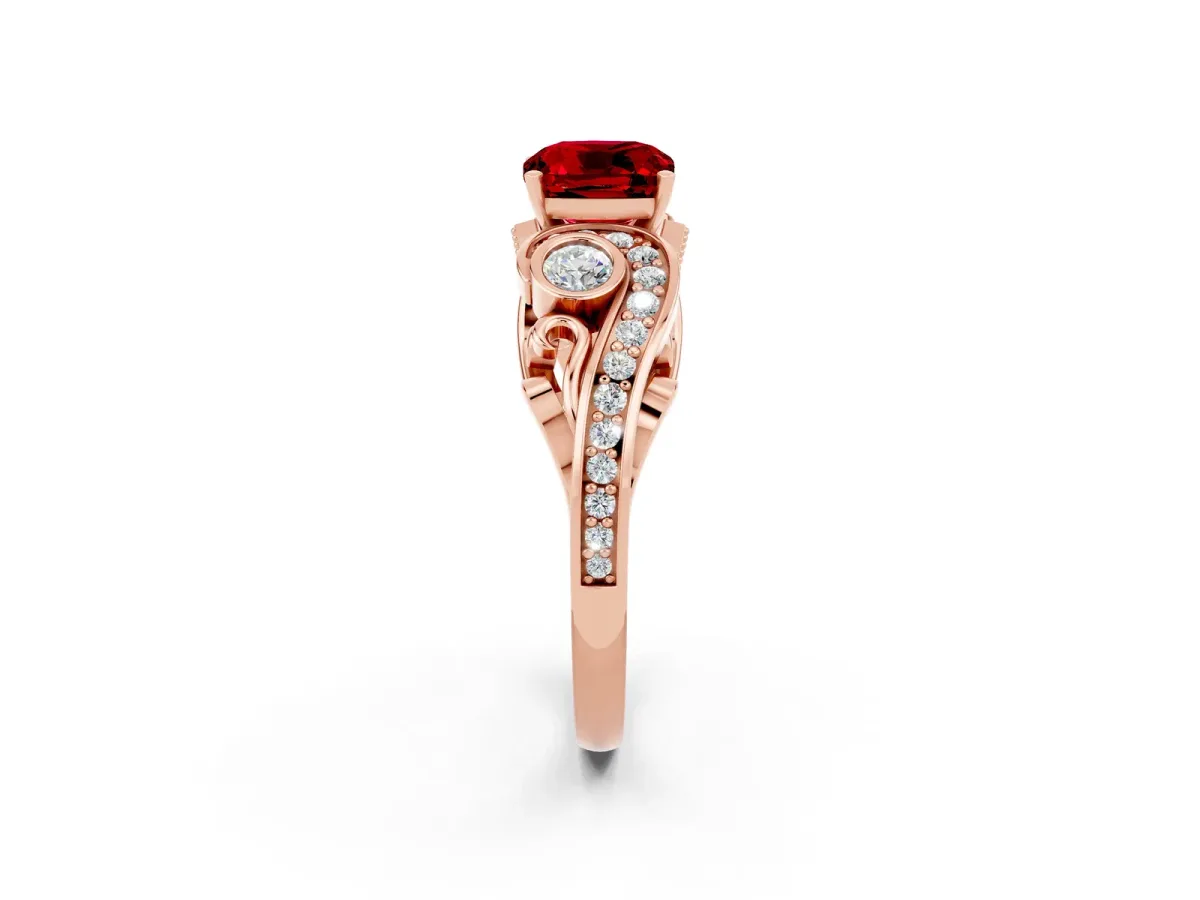 Cushion Cut Ruby Solitaire Ring with Milgrain Pavé Band and Four-Prong Setting Rose gold