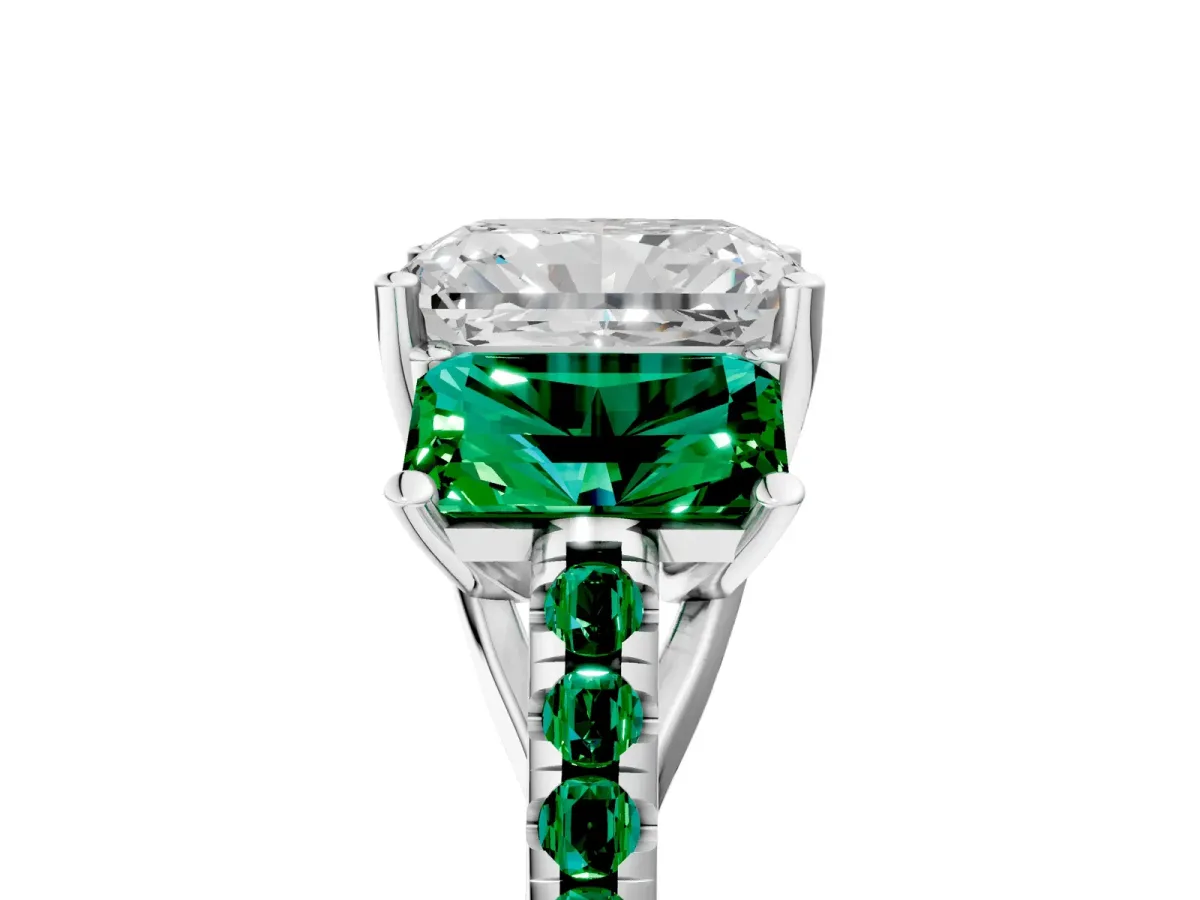 Three-Stone Radiant Cut Diamond Ring with Round Emerald Pavé Band and Prong Setting Silver