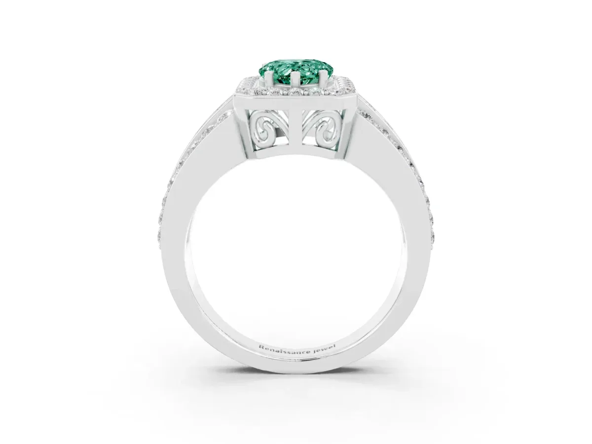Pear Cut Halo Green Sapphire Ring with Round Split Shank and Prong Setting Silver