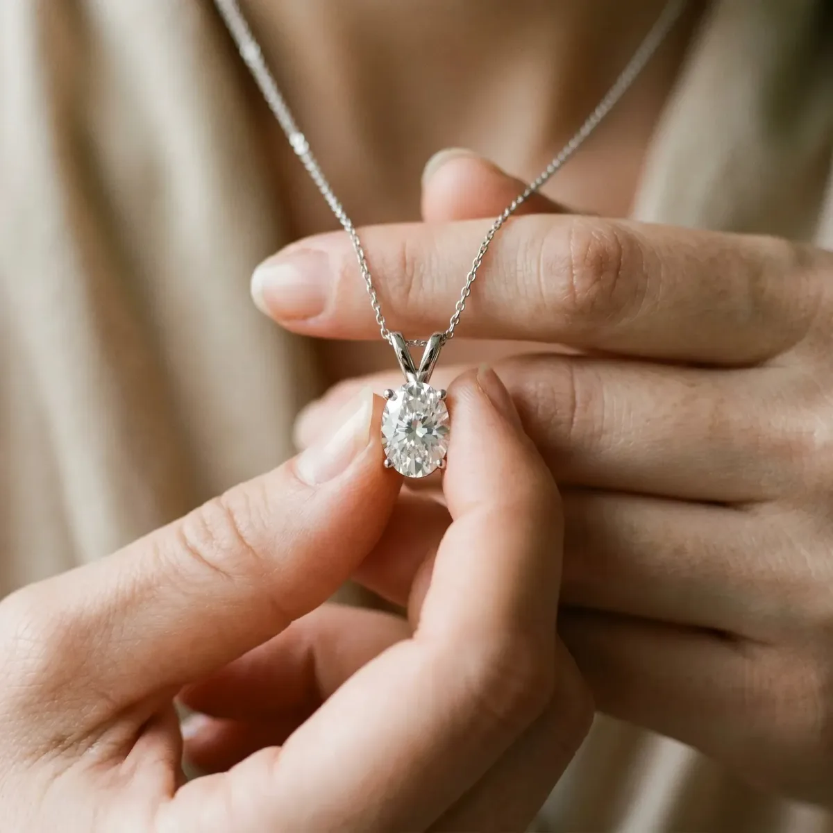 Oval Solitaire Diamond Prong Pendant White gold