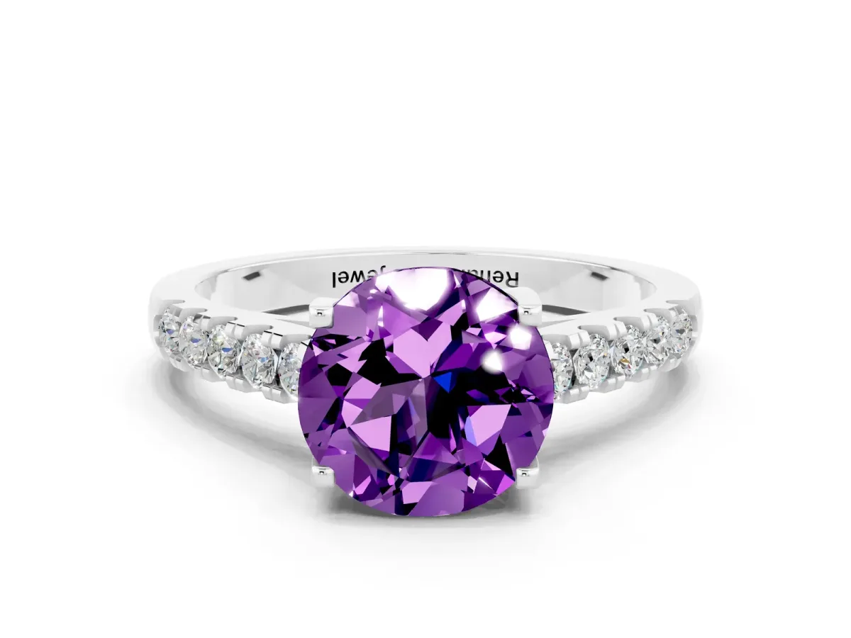 Round Cut Amethyst Pavé Band Solitaire Ring with Prong Setting White gold