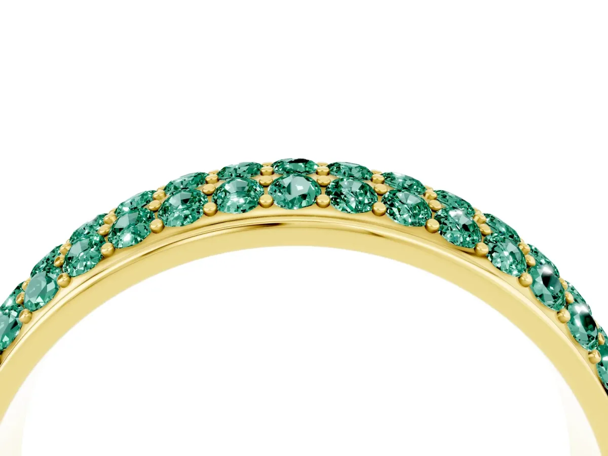 Three-Row Round Green Sapphire Eternity Band with Shared Prong Setting Yellow gold