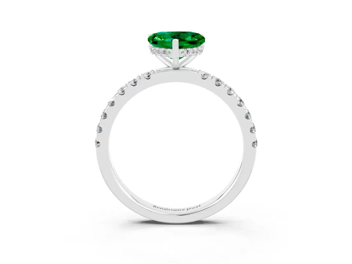Heart Cut Emerald Pave Band Solitaire Ring with Round and Prong Setting Silver