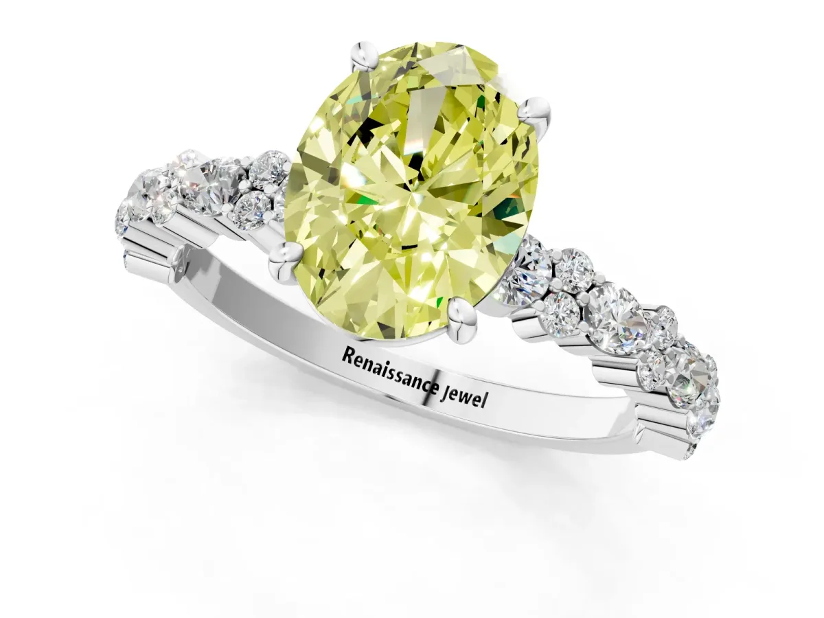 Fancy Yellow Oval Cut Diamond Side Stone Solitaire Ring with Round and Four-Prong Setting Platinum