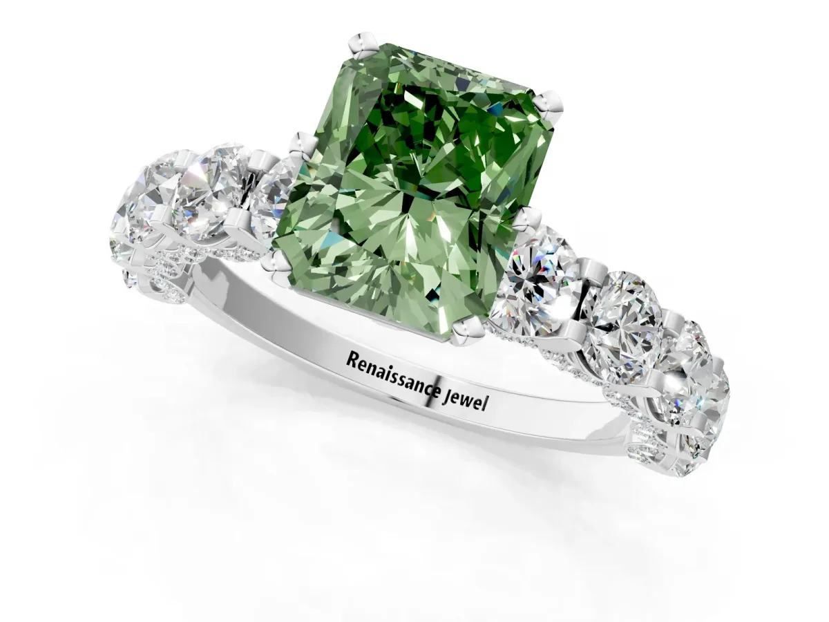 Fancy Green Radiant Cut Diamond Side Stone Engagement Ring with Four-Prong Setting White gold