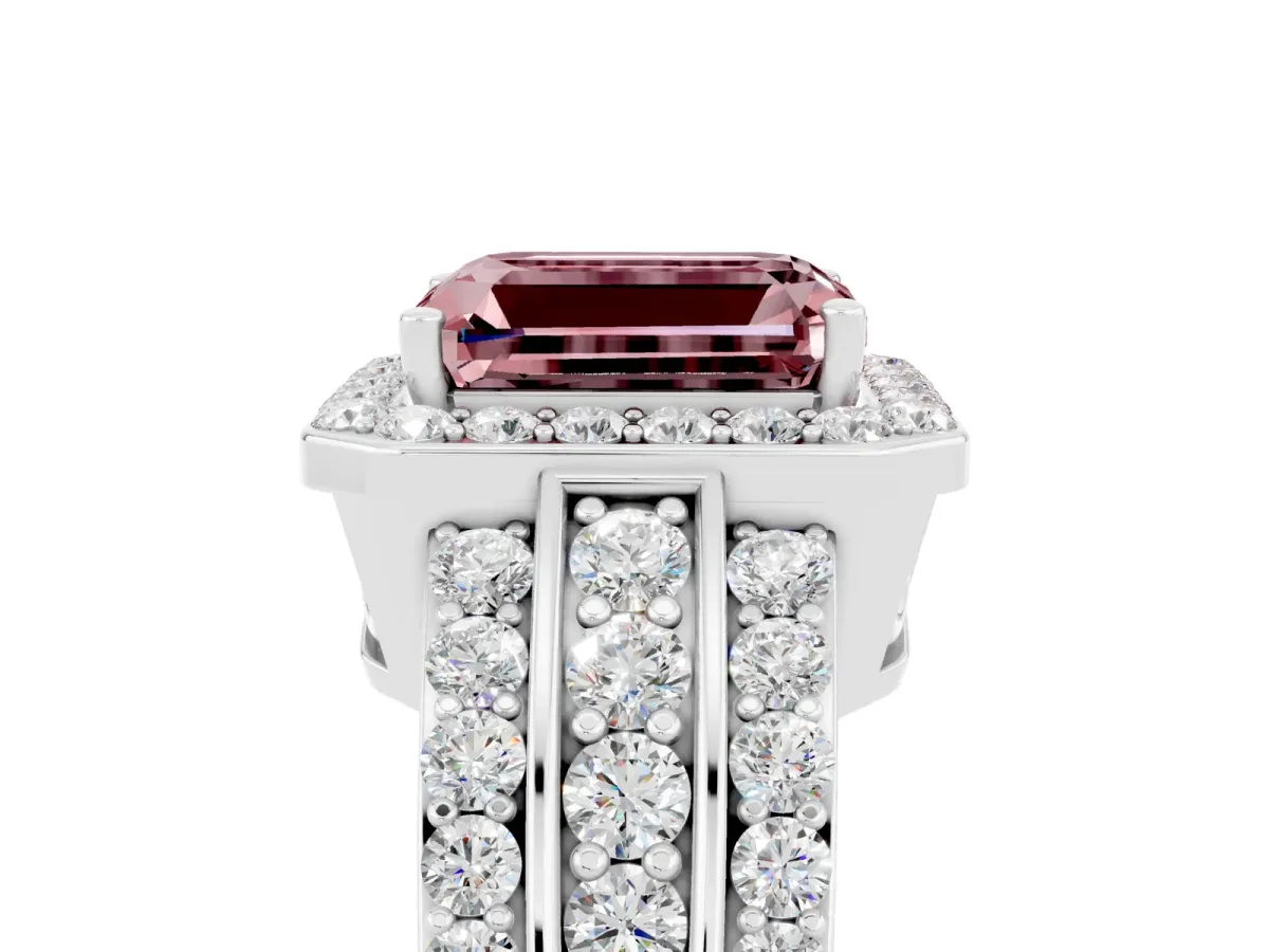 Emerald Cut Halo Morganite Ring with Round Split Shank and Prong Setting Platinum