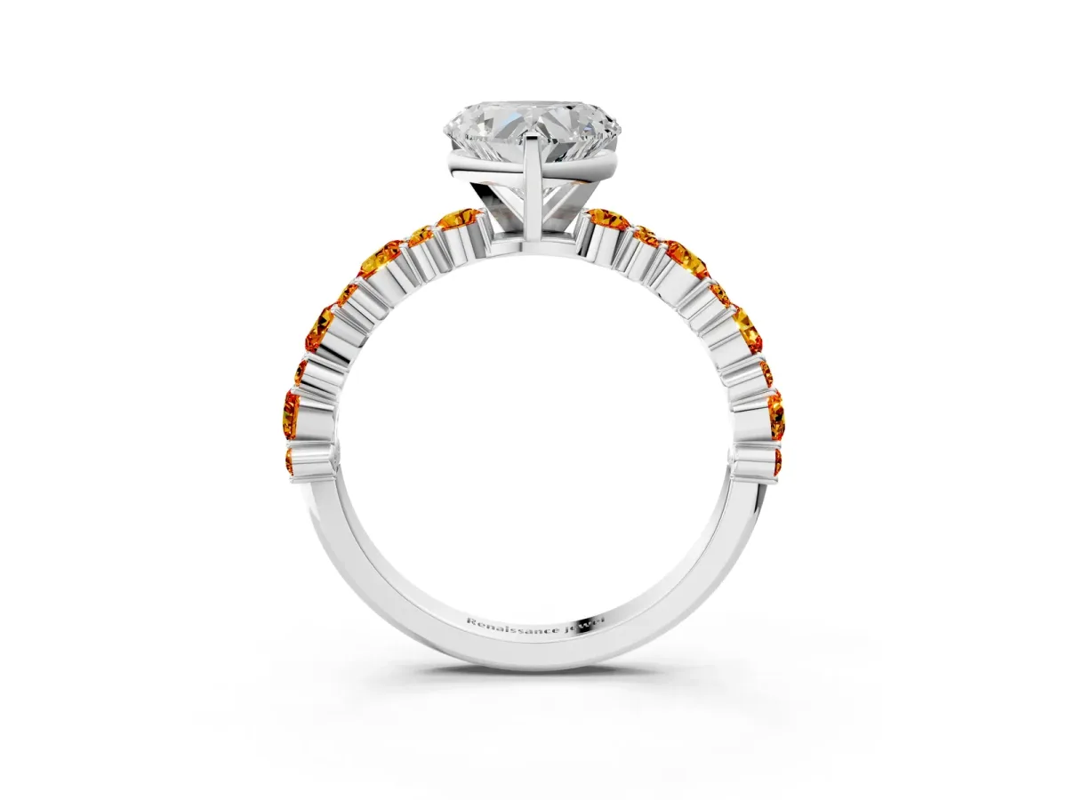 Heart Cut Diamond Side Stone Solitaire Ring with Round Citrine and Four-Prong Setting Platinum