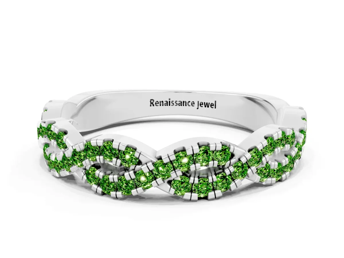 Round Peridot Twisted Eternity Band with Pavé and Shared Prong Setting Silver
