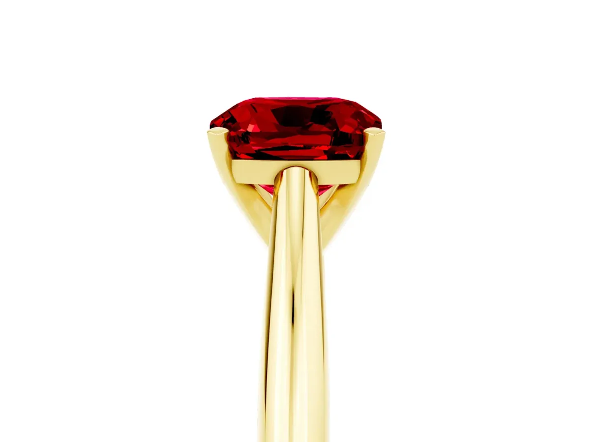Cushion Cut Ruby Solitaire Engagement Ring with Cathedral Setting and Four-Prong Mount Yellow gold