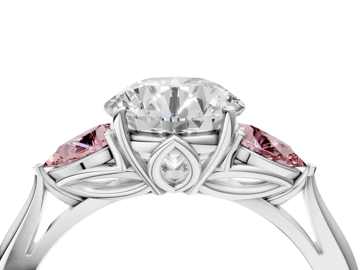 Round Cut Diamond Three-Stone Ring with Pear Morganite Side Stones and Prong Setting Silver