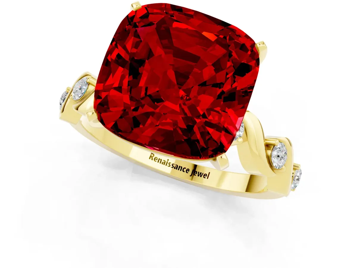 Cushion Cut Ruby Solitaire Twisted Band with Round Accents and Prong Setting Yellow gold