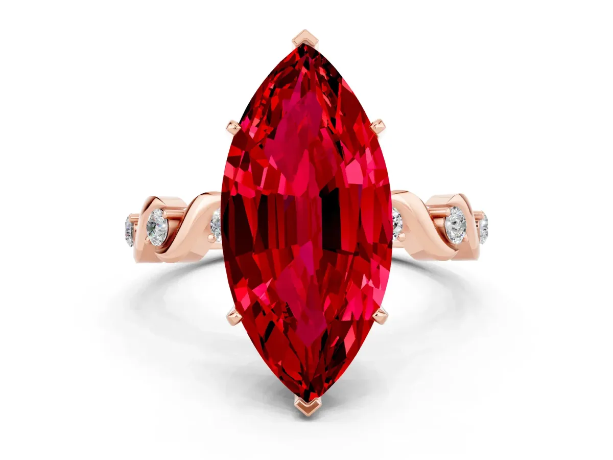 Marquise Cut Ruby Solitaire Twisted Band with Round Accents and Prong Setting Rose gold