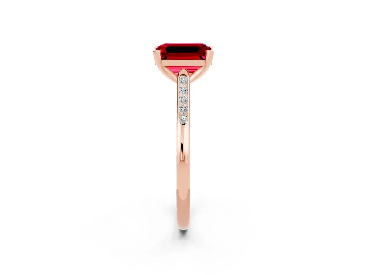 Emerald Cut Ruby Solitaire Ring with Channel Set Round Band and Prong Setting Rose gold
